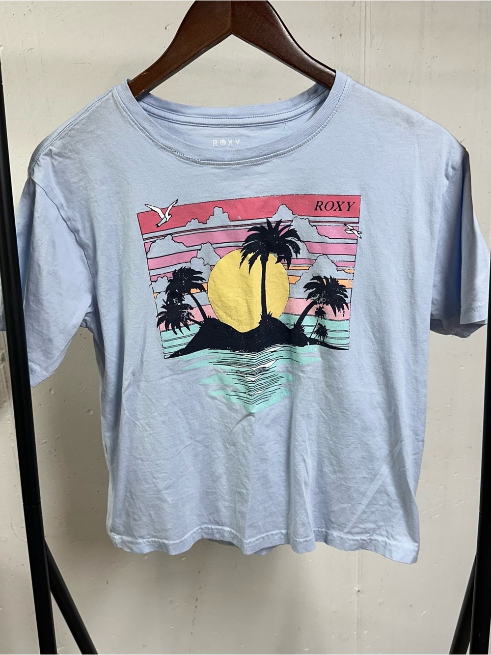 Roxy Light Blue Tee with Sunset Palm Graphic